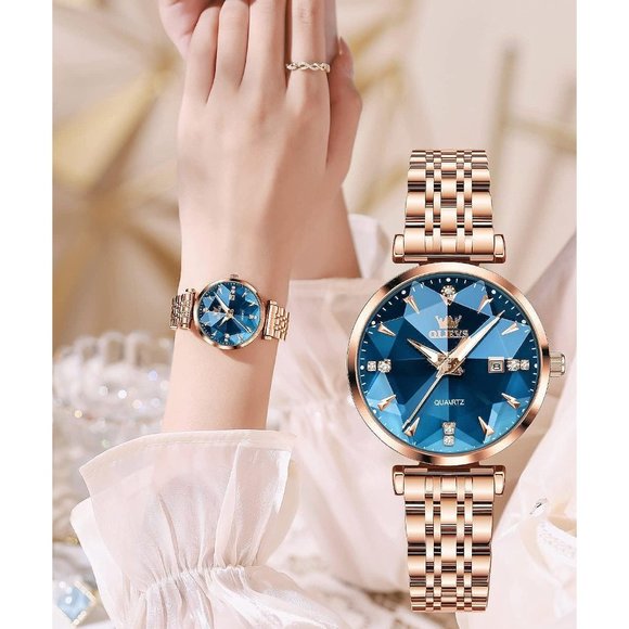 Women Blue Dial Rose Gold Stainless Steel Band Quartz Small Face Watch main image 6